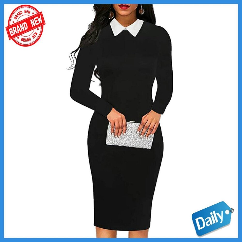 Women's Cotton Midi Sheath Dress with Sleeves for Office Work